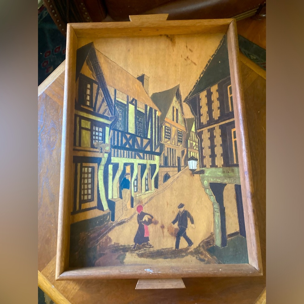 Antique inlaid tray with 1930s European village vibes